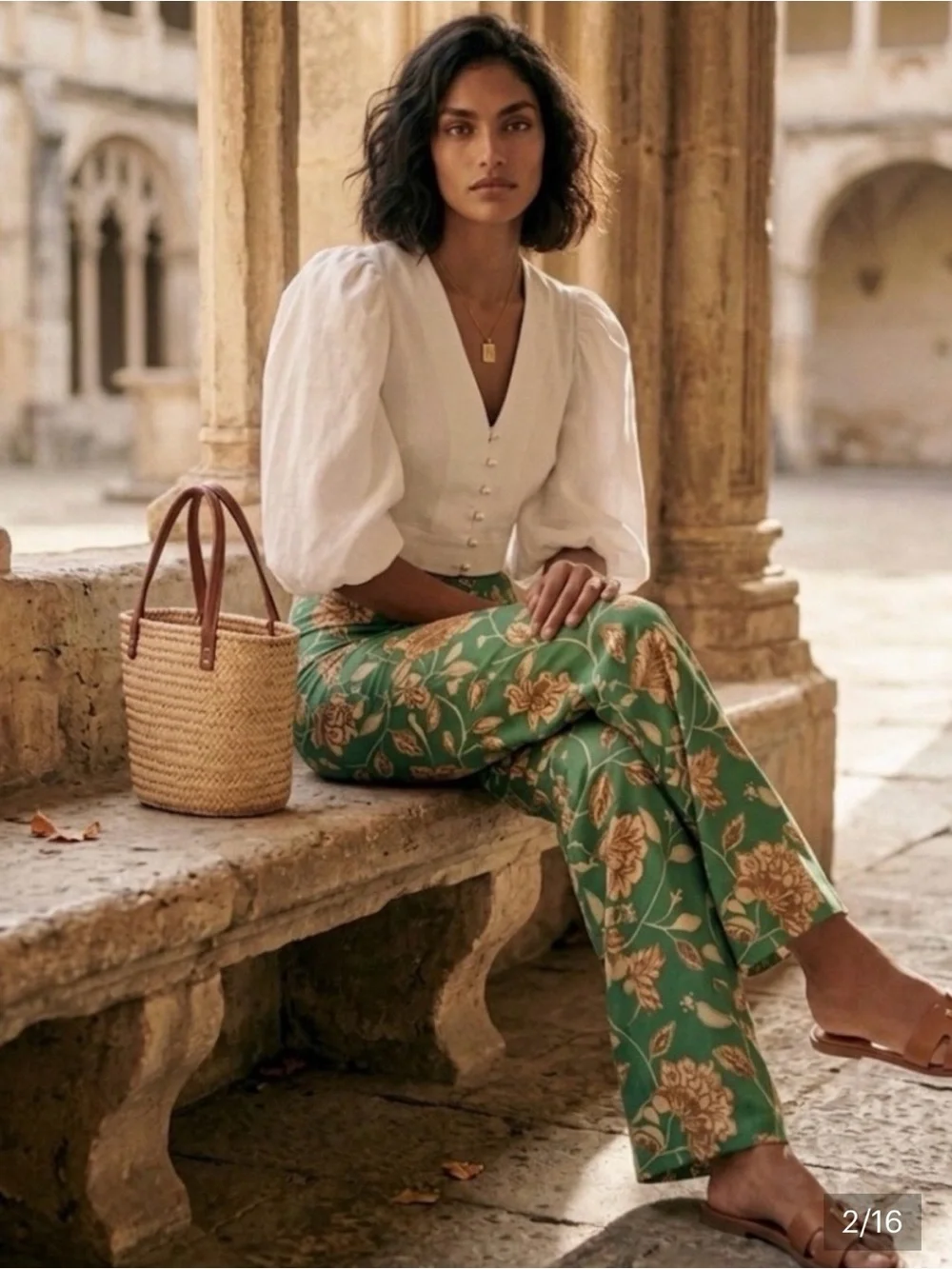 Sezane‎ Baptisto Teal Cream Floral Linen Cotton Wide Leg Pant 6